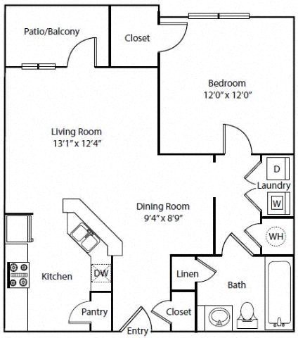 Floor plan for 1 bed, 1 bath, 691 sqft